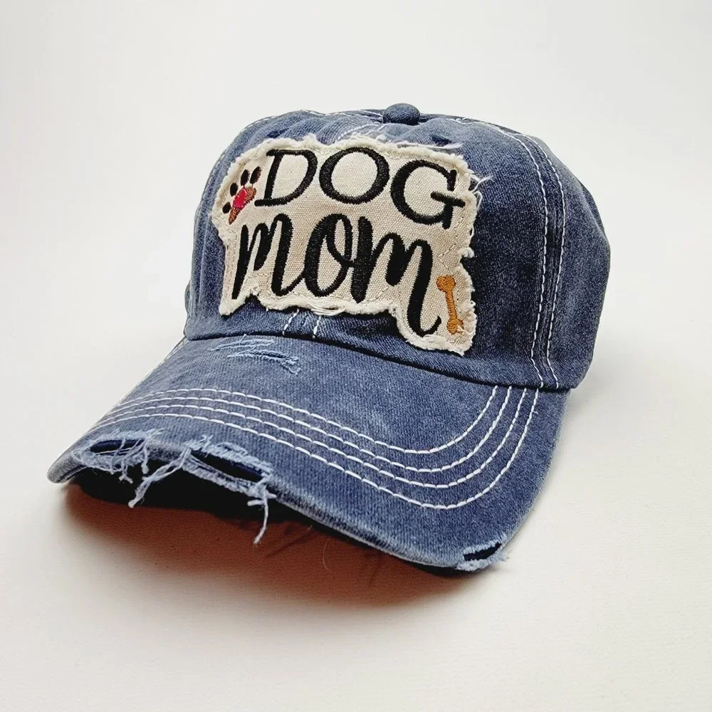 Dog Mom Distressed Relaxed Buckle Strap Full Cover Baseball Hat Cap Dark Blue